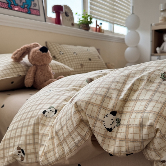 91家纺网 家纺一手货源 找家纺 慕尚家纺 2025新款13070全棉纯棉印花四件套 咖格狗狗