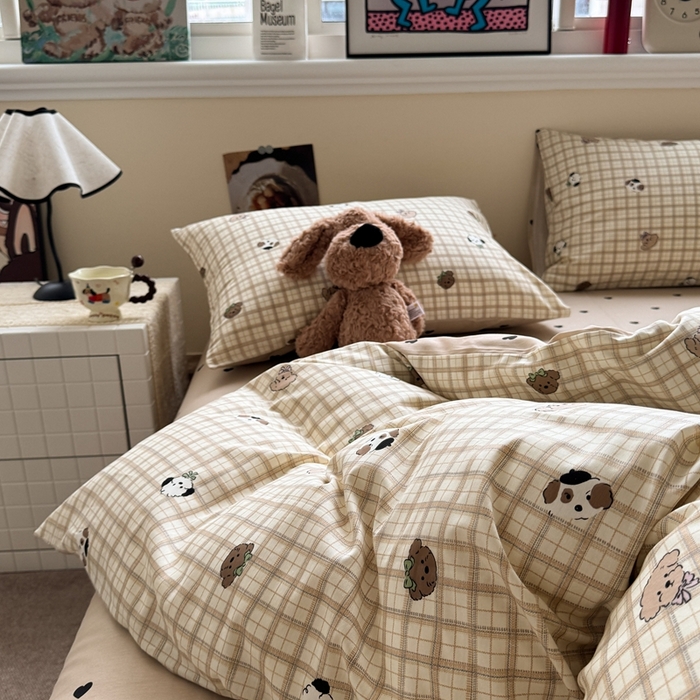 91家纺网 家纺一手货源 找家纺 慕尚家纺 2025新款13070全棉纯棉印花四件套 咖格狗狗