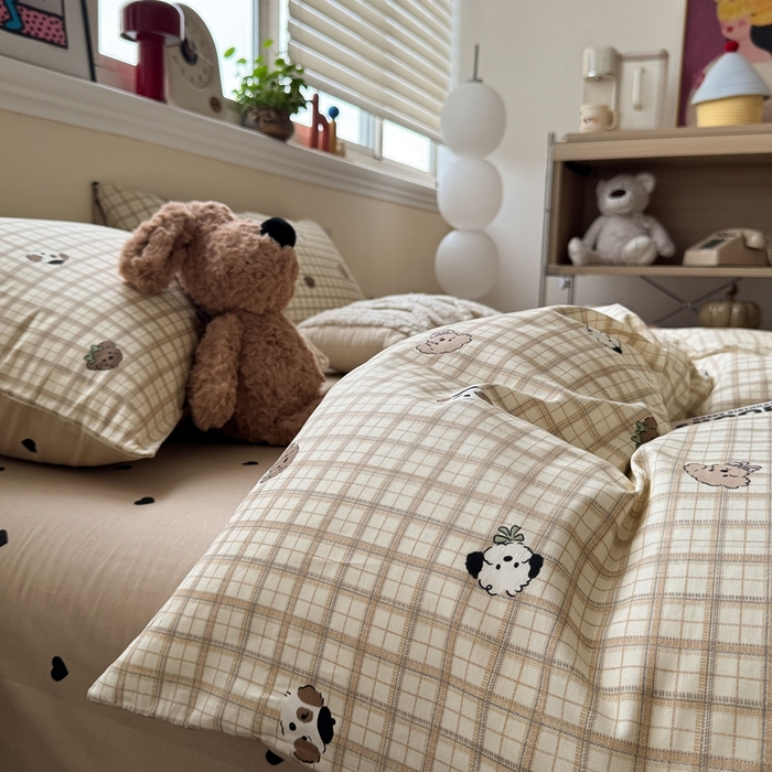 91家纺网 家纺一手货源 找家纺 慕尚家纺 2025新款13070全棉纯棉印花四件套 咖格狗狗