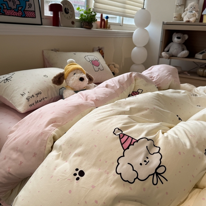 慕尚家纺 2025新款13070全棉纯棉印花四件套 桃心狗