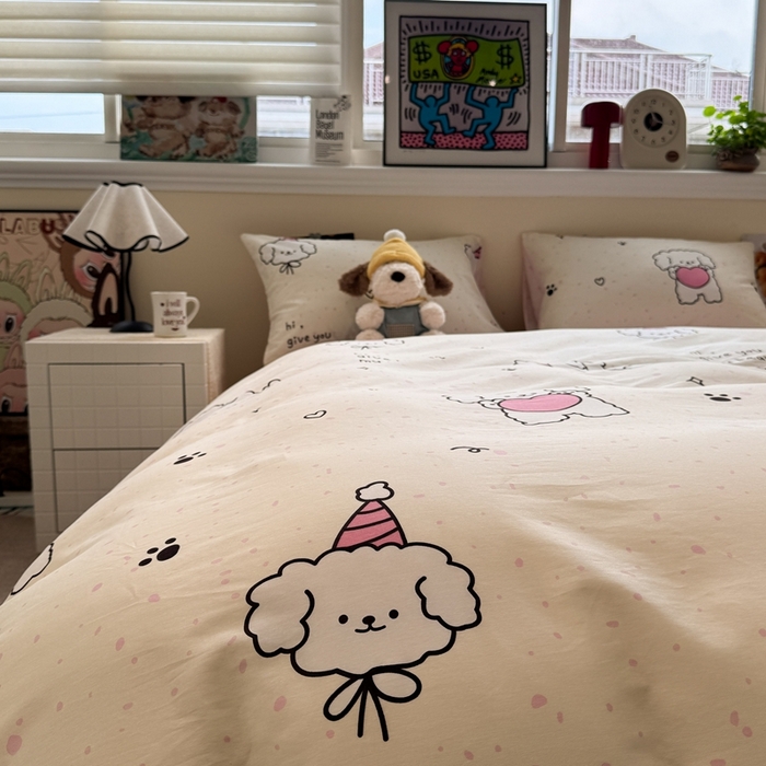 91家纺网 家纺一手货源 找家纺 慕尚家纺 2025新款13070全棉纯棉印花四件套 桃心狗