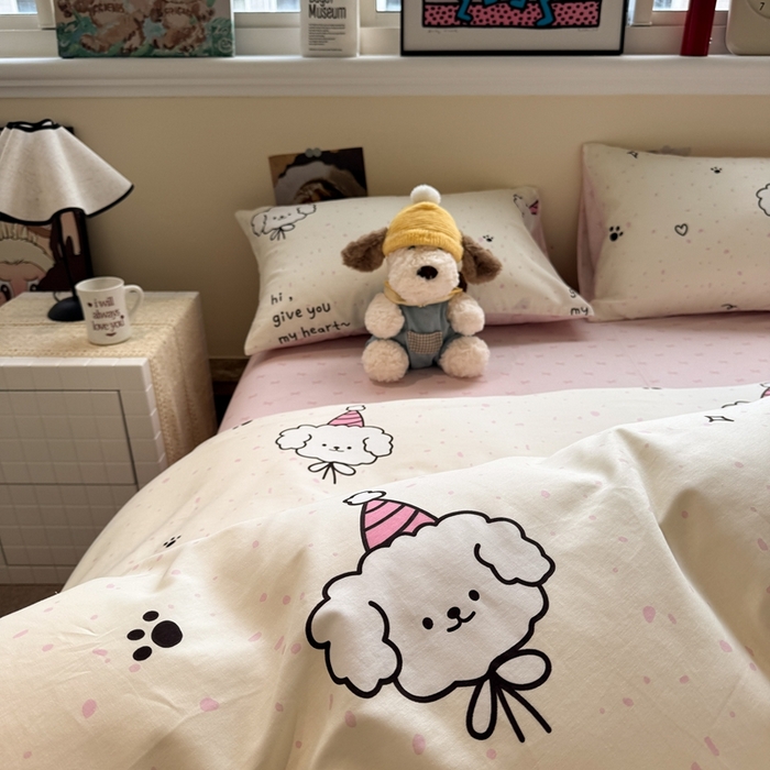 91家纺网 家纺一手货源 找家纺 慕尚家纺 2025新款13070全棉纯棉印花四件套 桃心狗