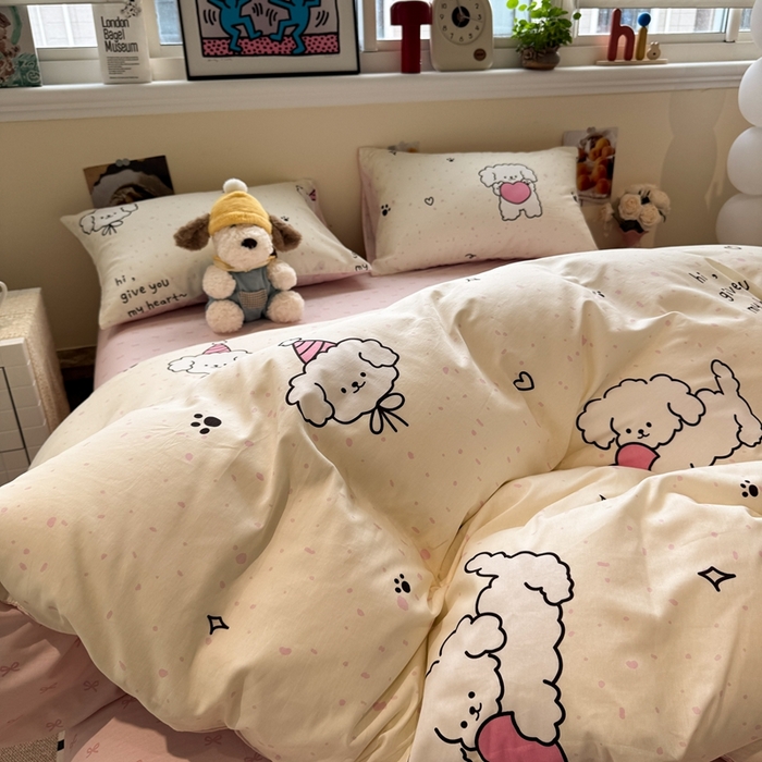 91家纺网 家纺一手货源 找家纺 慕尚家纺 2025新款13070全棉纯棉印花四件套 桃心狗