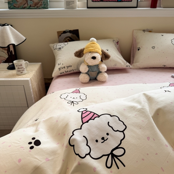 91家纺网 家纺一手货源 找家纺 慕尚家纺 2025新款13070全棉纯棉印花四件套 桃心狗