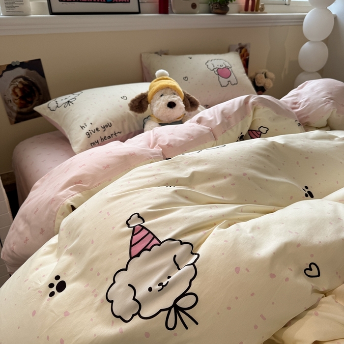 91家纺网 家纺一手货源 找家纺 慕尚家纺 2025新款13070全棉纯棉印花四件套 桃心狗