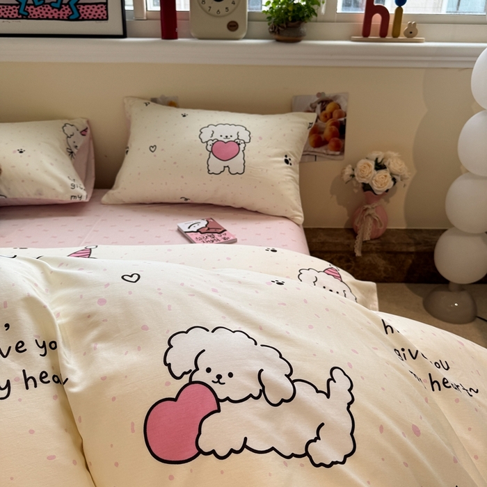 91家纺网 家纺一手货源 找家纺 慕尚家纺 2025新款13070全棉纯棉印花四件套 桃心狗