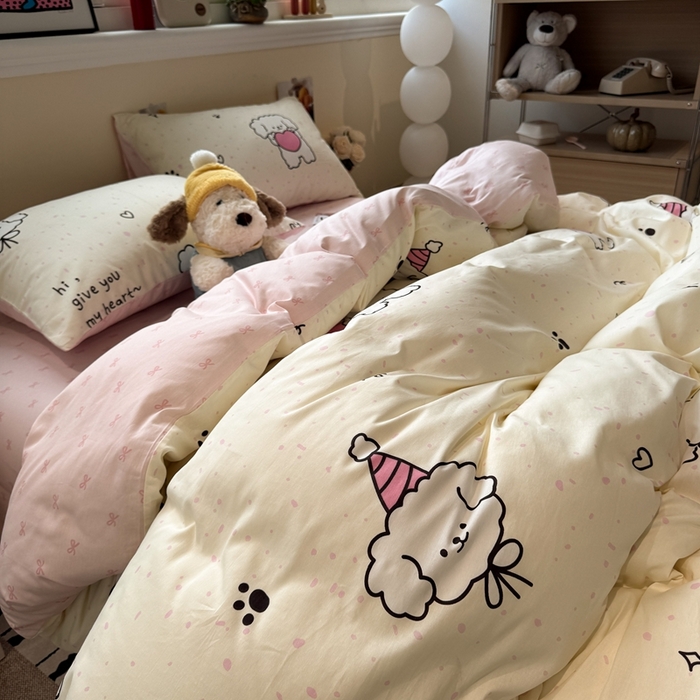 91家纺网 家纺一手货源 找家纺 慕尚家纺 2025新款13070全棉纯棉印花四件套 桃心狗