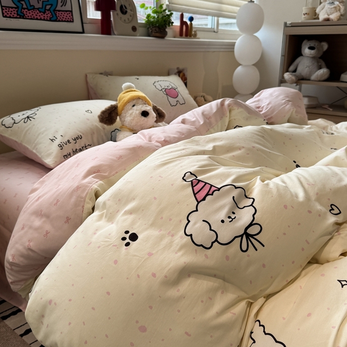 91家纺网 家纺一手货源 找家纺 慕尚家纺 2025新款13070全棉纯棉印花四件套 桃心狗