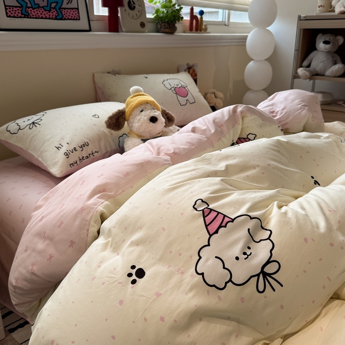 91家纺网 家纺一手货源 找家纺 慕尚家纺 2025新款13070全棉纯棉印花四件套 桃心狗