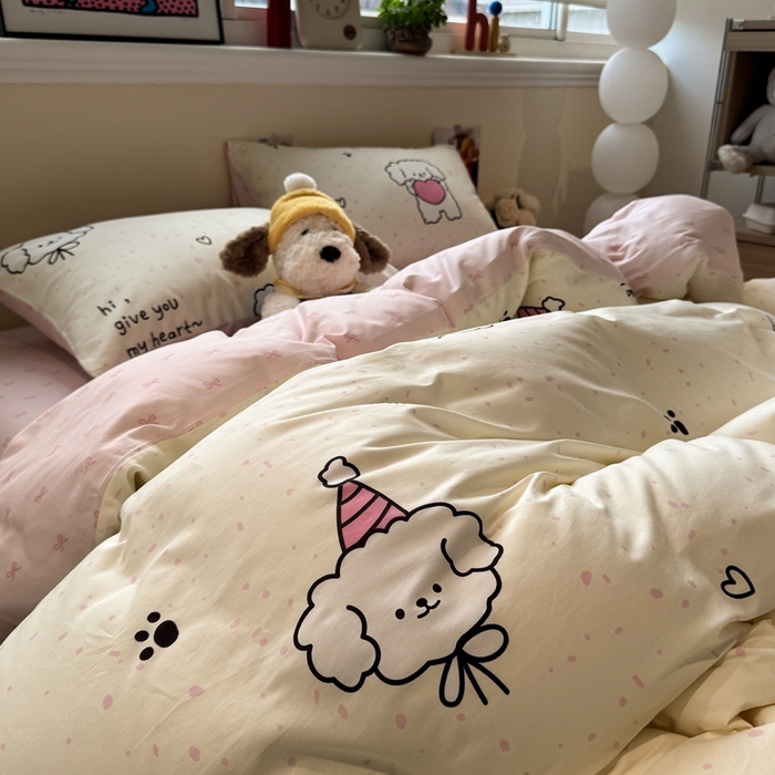 91家纺网 家纺一手货源 找家纺 慕尚家纺 2025新款13070全棉纯棉印花四件套 桃心狗