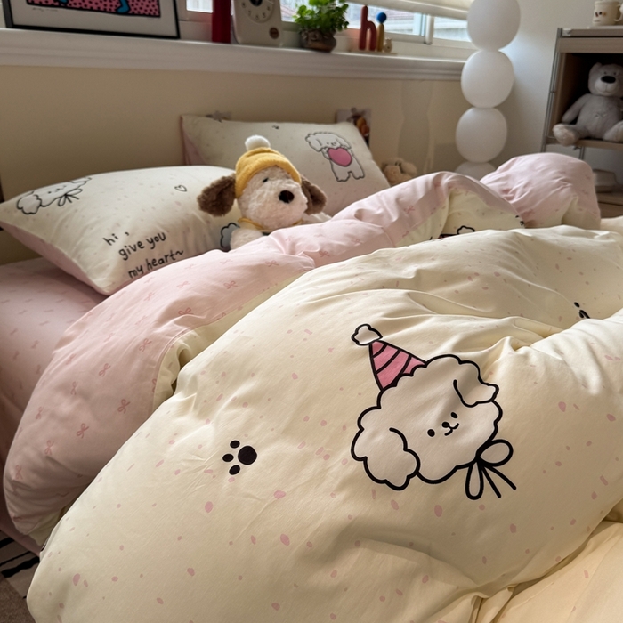 91家纺网 家纺一手货源 找家纺 慕尚家纺 2025新款13070全棉纯棉印花四件套 桃心狗