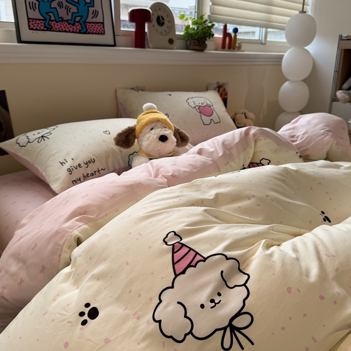 91家纺网 家纺一手货源 找家纺 慕尚家纺 2025新款13070全棉纯棉印花四件套 桃心狗