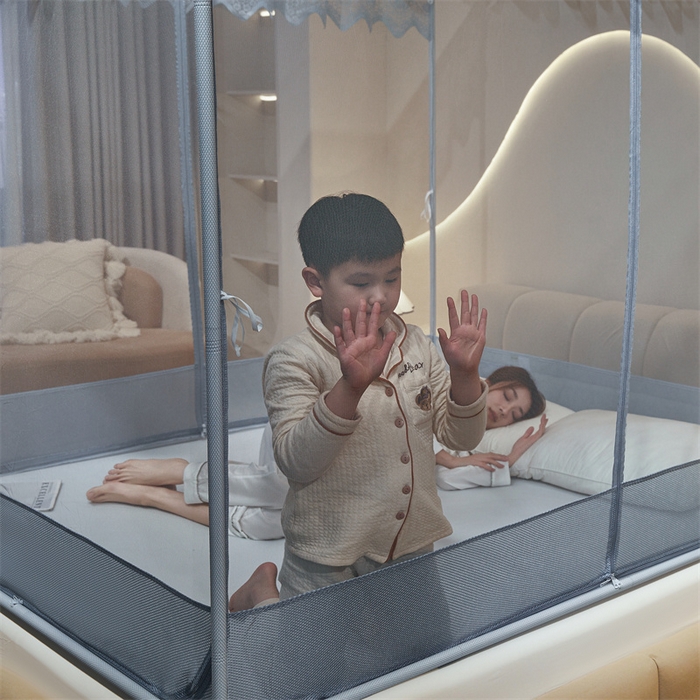 91家纺网 家纺一手货源 找家纺 佳梦家纺 2025新款防摔款花边六棱方帐蚊帐-星河系列 星河-蓝灰