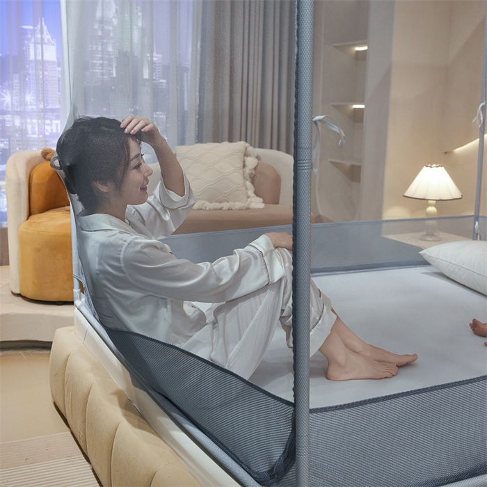 91家纺网 家纺一手货源 找家纺 佳梦家纺 2025新款防摔款花边六棱方帐蚊帐-星河系列 星河-蓝灰