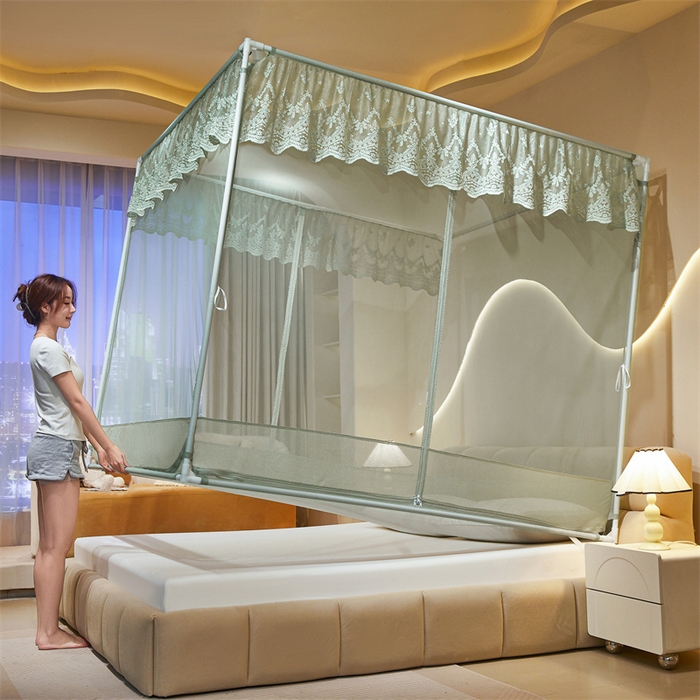 91家纺网 家纺一手货源 找家纺 佳梦家纺 2025新款防摔款花边六棱方帐蚊帐-星河系列 星河-柳绿