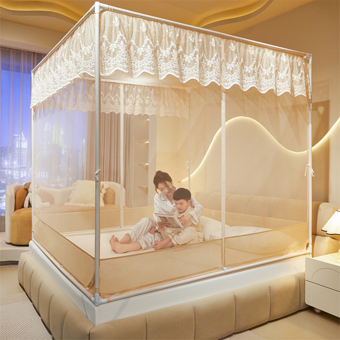 91家纺网 家纺一手货源 找家纺 佳梦家纺 2025新款防摔款花边六棱方帐蚊帐-星河系列 星河-奶油黄