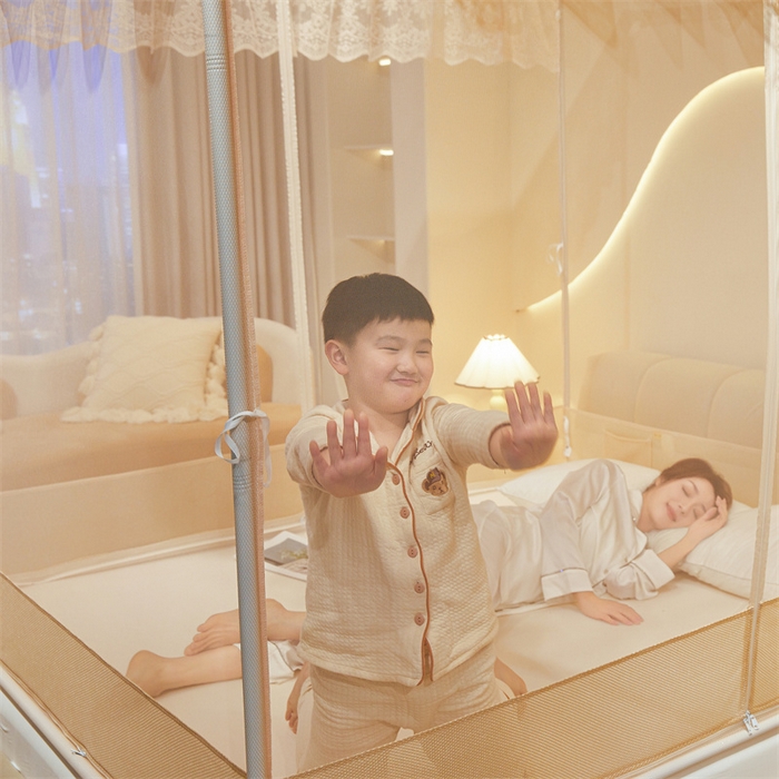 91家纺网 家纺一手货源 找家纺 佳梦家纺 2025新款防摔款花边六棱方帐蚊帐-星河系列 星河-奶油黄