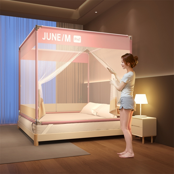 91家纺网 家纺一手货源 找家纺 （总）佳梦家纺 2025新款方顶坐床蚊帐-T门可可系列