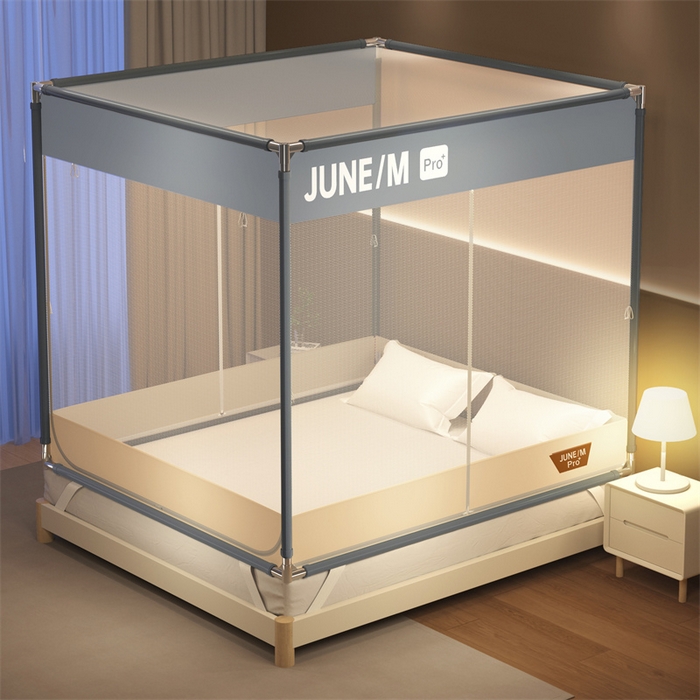 91家纺网 家纺一手货源 找家纺 佳梦家纺 2025新款方顶坐床蚊帐-T门可可系列 可可灰