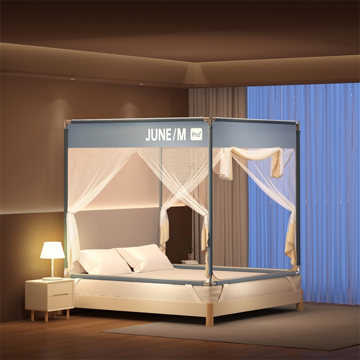 91家纺网 家纺一手货源 找家纺 佳梦家纺 2025新款方顶坐床蚊帐-T门可可系列 可可灰