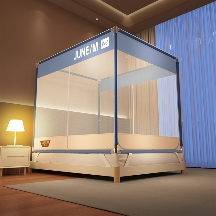 91家纺网 家纺一手货源 找家纺 佳梦家纺 2025新款方顶坐床蚊帐-T门可可系列 可可蓝