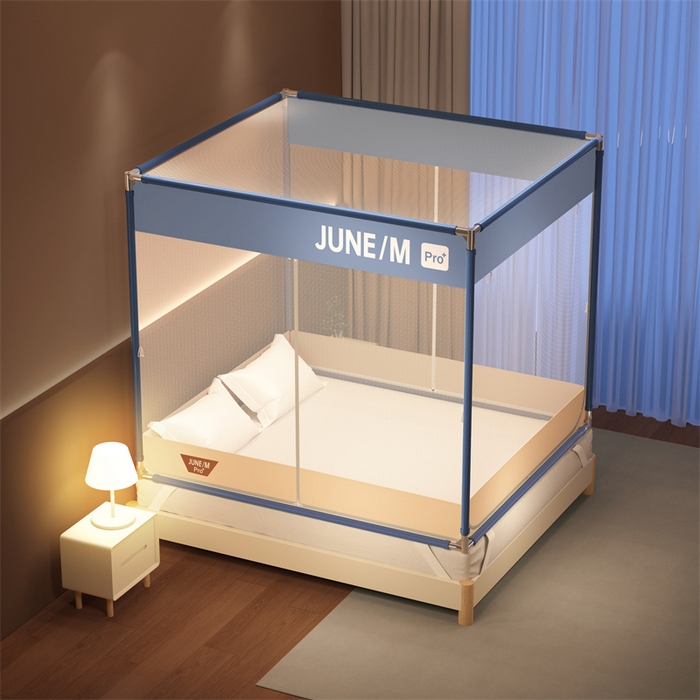 91家纺网 家纺一手货源 找家纺 佳梦家纺 2025新款方顶坐床蚊帐-T门可可系列 可可蓝