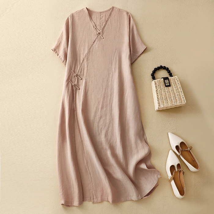 （总）洛兰沙家居馆【只代发】【只代发】 2025新款复古新中式盘扣棉麻连衣裙女夏季宽松显瘦国风禅意开叉亚麻长袍子