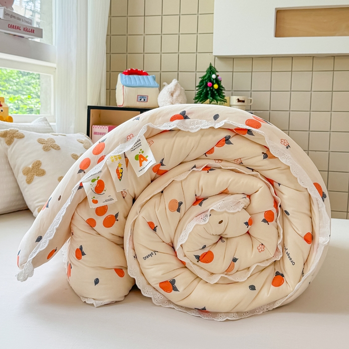 91家纺网 家纺一手货源 找家纺 栩裕纺织 2025新款印花针织棉牛奶被被子被芯冬被 橘彩