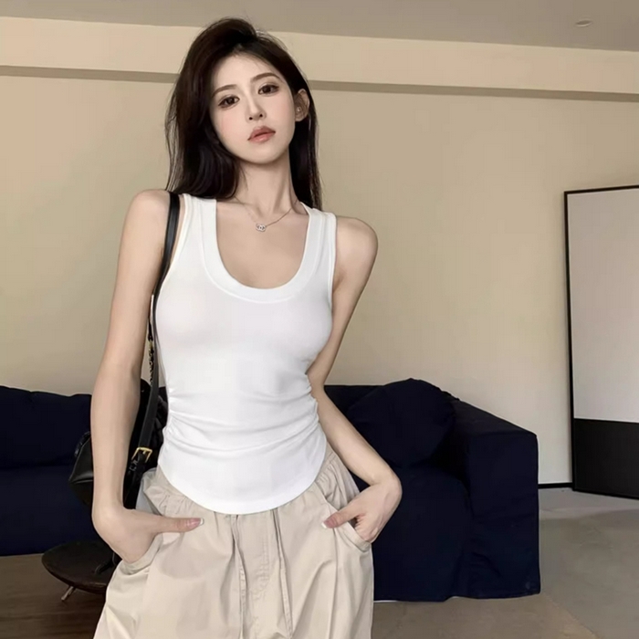 洛兰沙家居馆【只代发】【只代发】 2025新款美式复古辣妹潮流吊带背心夏季新款修身莫代尔U领收腰无袖上衣 白色