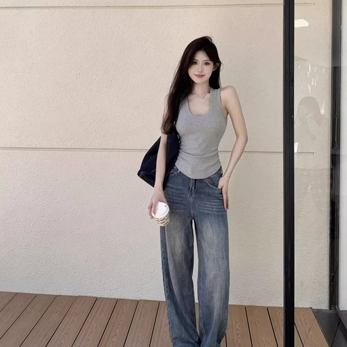 91家纺网 家纺一手货源 找家纺 洛兰沙家居馆【只代发】【只代发】 2025新款美式复古辣妹潮流吊带背心夏季新款修身莫代尔U领收腰无袖上衣 灰色