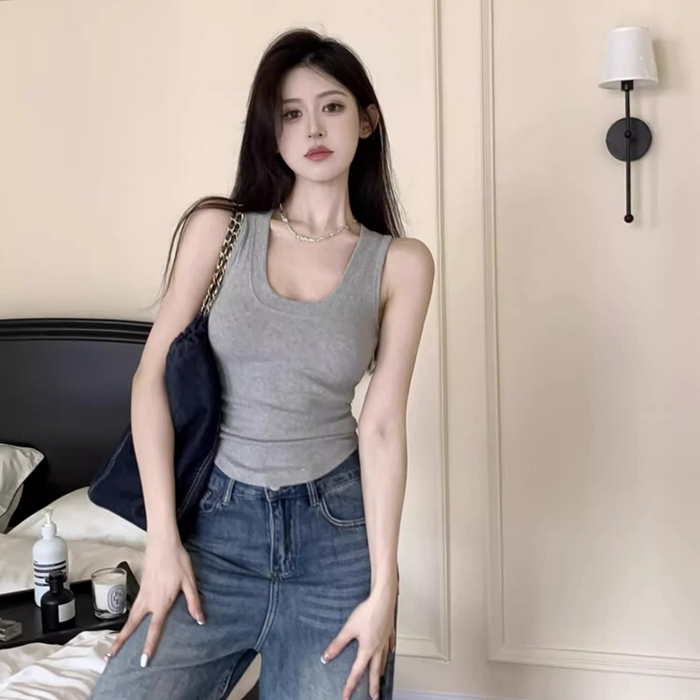 洛兰沙家居馆【只代发】【只代发】 2025新款美式复古辣妹潮流吊带背心夏季新款修身莫代尔U领收腰无袖上衣 灰色