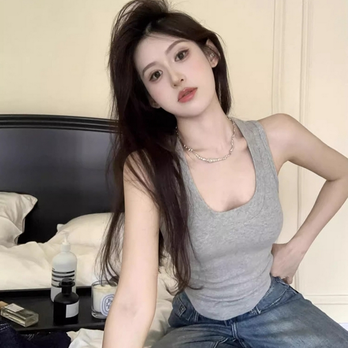 91家纺网 家纺一手货源 找家纺 洛兰沙家居馆【只代发】【只代发】 2025新款美式复古辣妹潮流吊带背心夏季新款修身莫代尔U领收腰无袖上衣 灰色