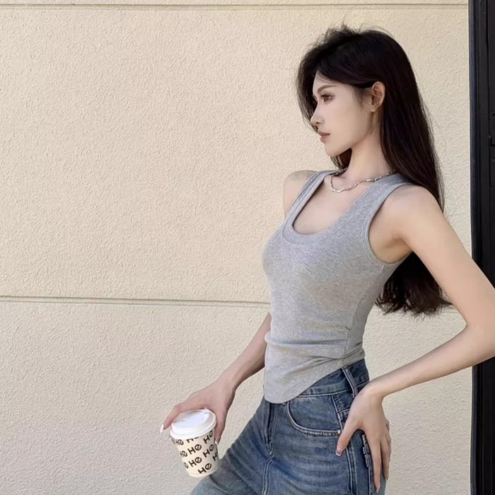 91家纺网 家纺一手货源 找家纺 洛兰沙家居馆【只代发】【只代发】 2025新款美式复古辣妹潮流吊带背心夏季新款修身莫代尔U领收腰无袖上衣 灰色