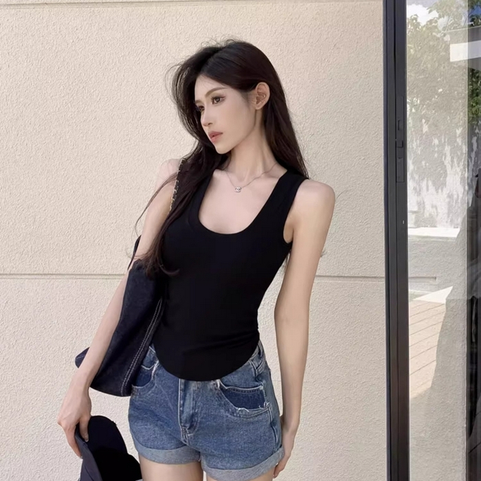 洛兰沙家居馆【只代发】【只代发】 2025新款美式复古辣妹潮流吊带背心夏季新款修身莫代尔U领收腰无袖上衣 黑色