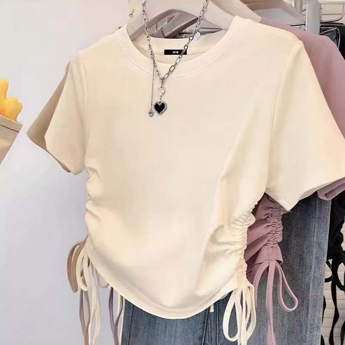 （总）洛兰沙家居馆【只代发】【只代发】 2025新款正肩欧货抽绳甜辣百搭短袖t恤女夏季2025新款设计感小众上衣