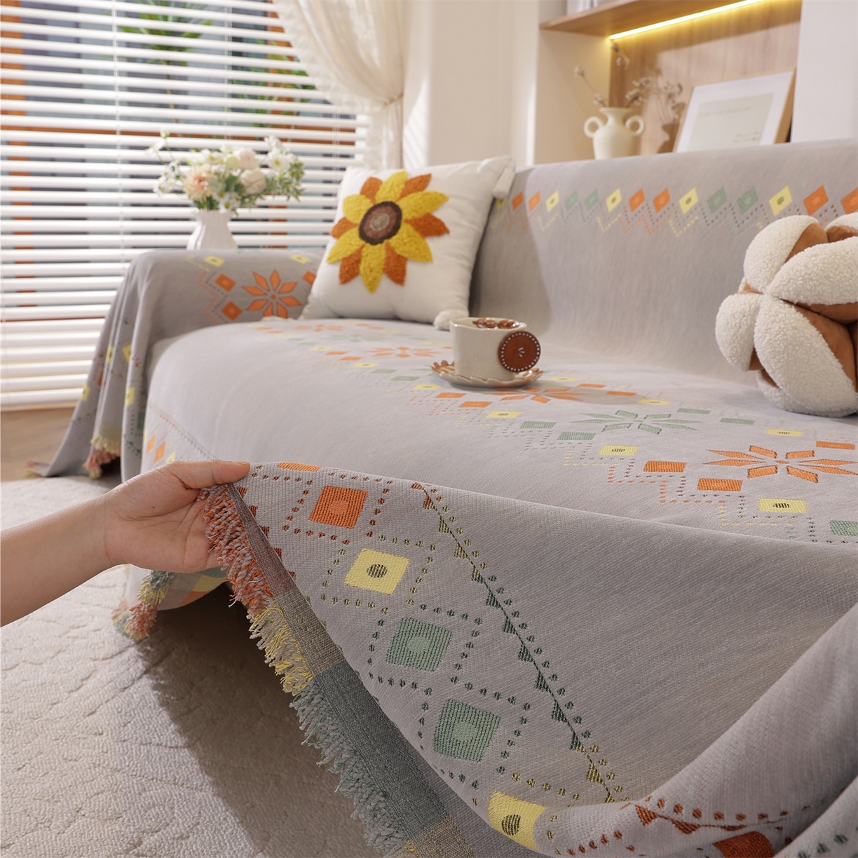 91家纺网 家纺一手货源 找家纺 共鸣沙发垫 2025新款雪尼尔沙发巾波西米亚 波西米亚灰色