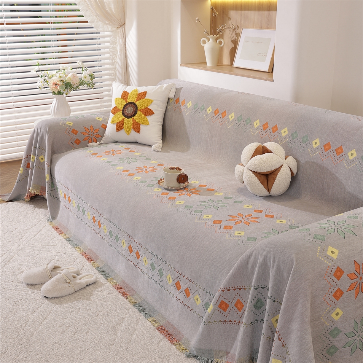 91家纺网 家纺一手货源 找家纺 共鸣沙发垫 2025新款雪尼尔沙发巾波西米亚 波西米亚灰色