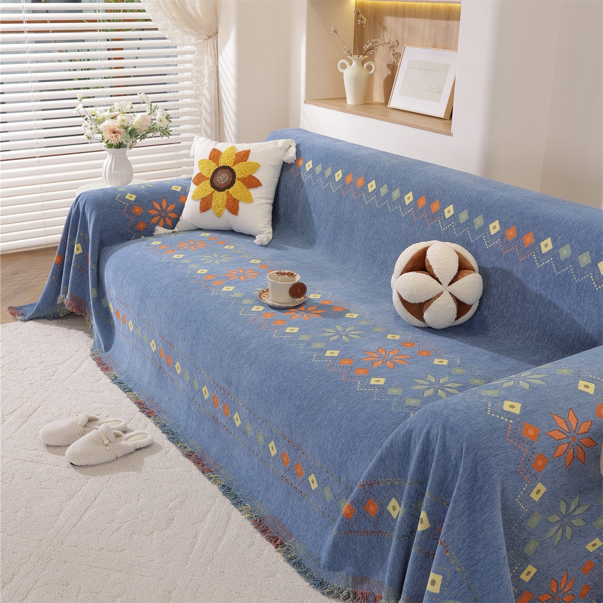 91家纺网 家纺一手货源 找家纺 共鸣沙发垫 2025新款雪尼尔沙发巾波西米亚 波西米亚蓝色