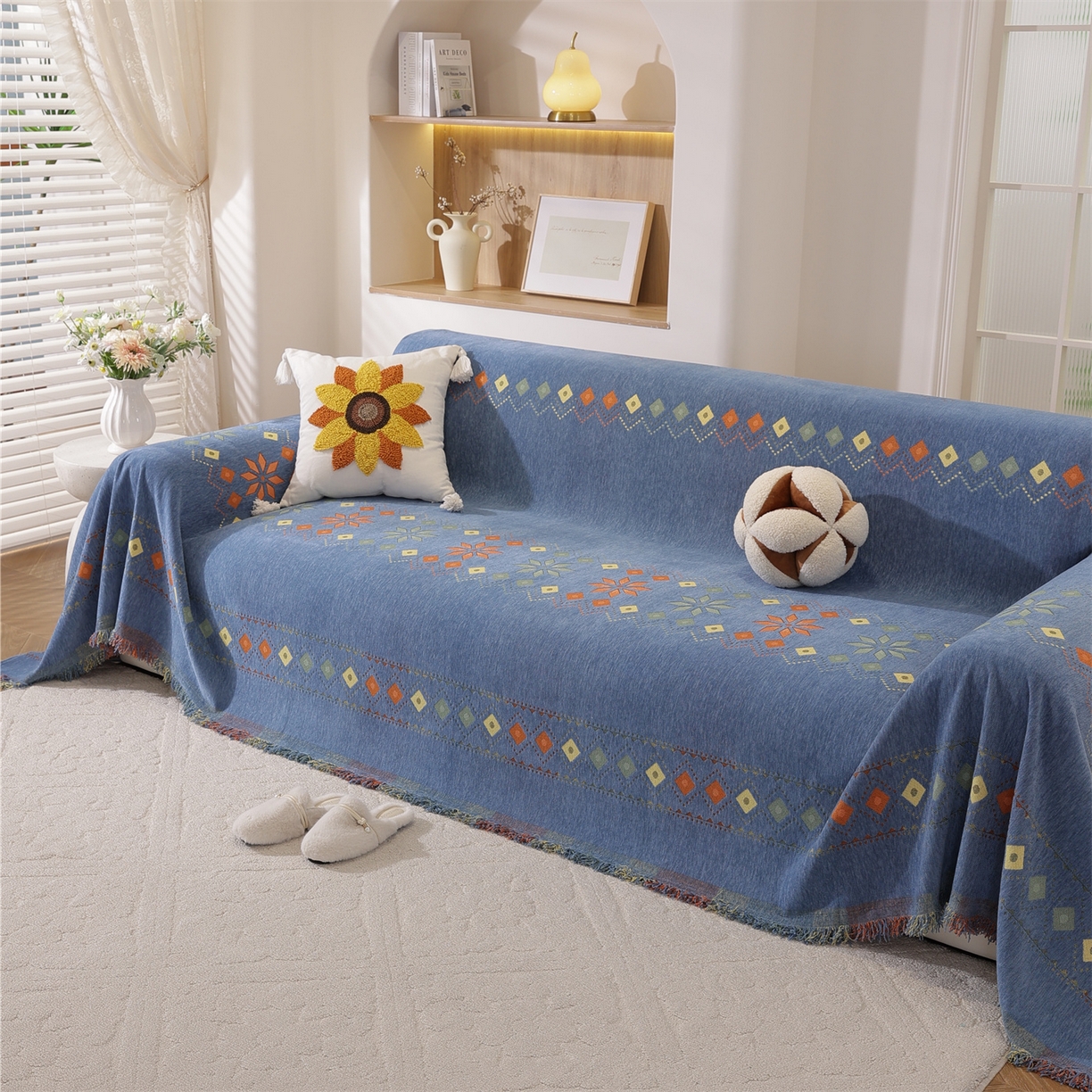 91家纺网 家纺一手货源 找家纺 共鸣沙发垫 2025新款雪尼尔沙发巾波西米亚 波西米亚蓝色