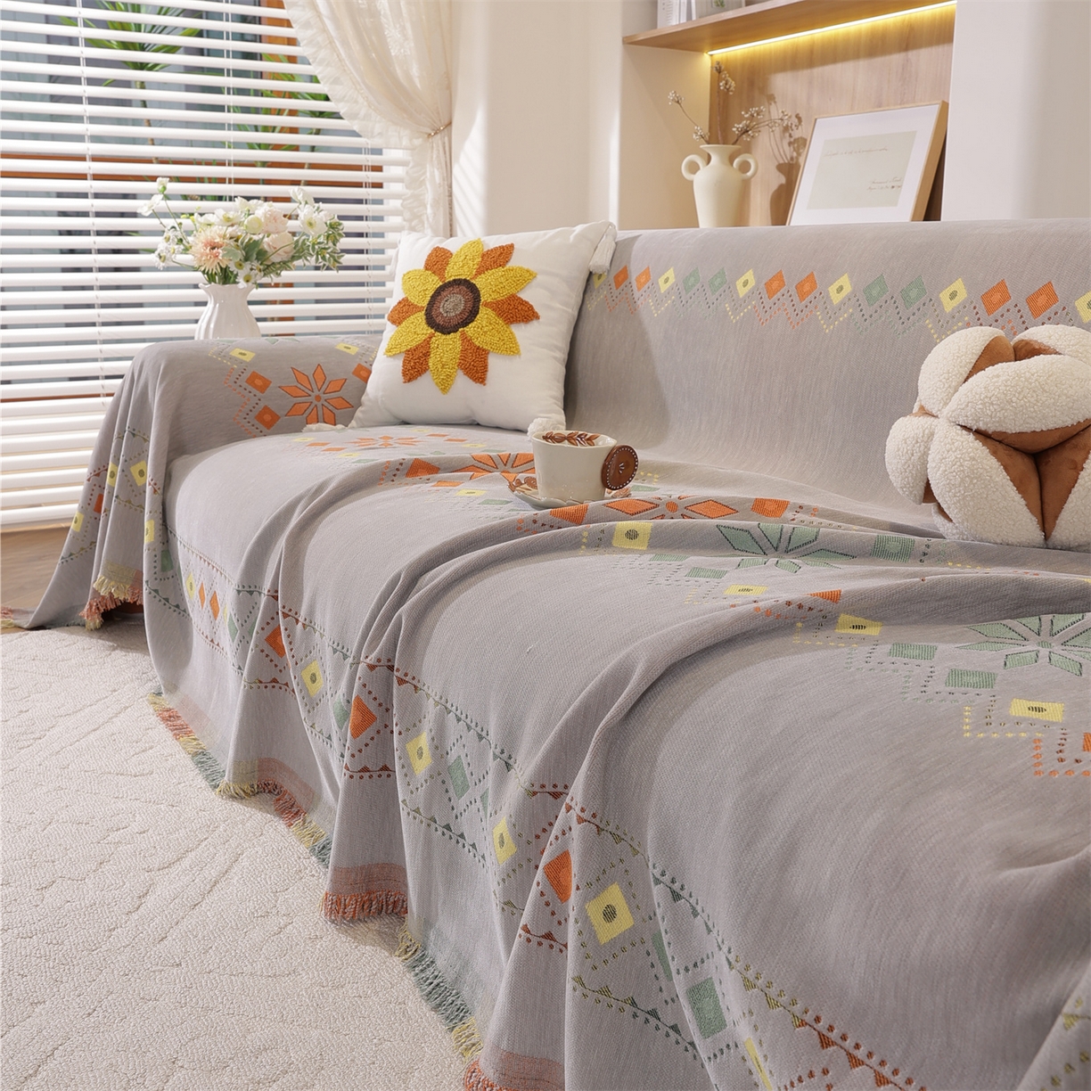 91家纺网 家纺一手货源 找家纺 共鸣沙发垫 2025新款雪尼尔沙发巾波西米亚 波西米亚灰色