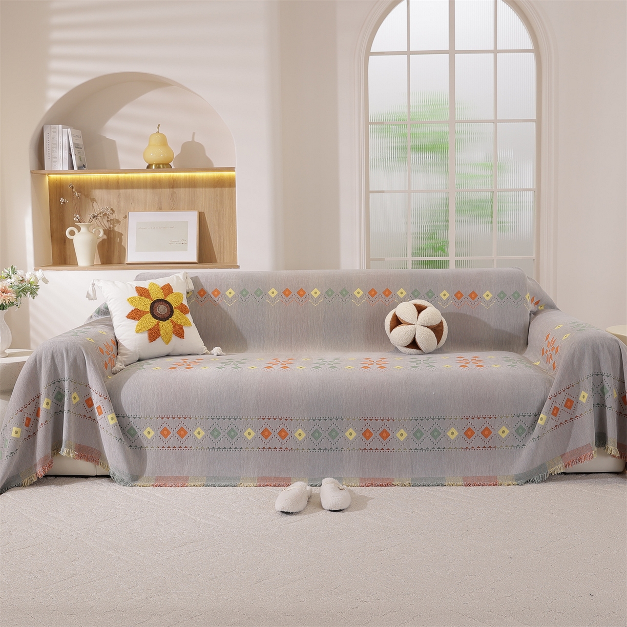 91家纺网 家纺一手货源 找家纺 共鸣沙发垫 2025新款雪尼尔沙发巾波西米亚 波西米亚灰色