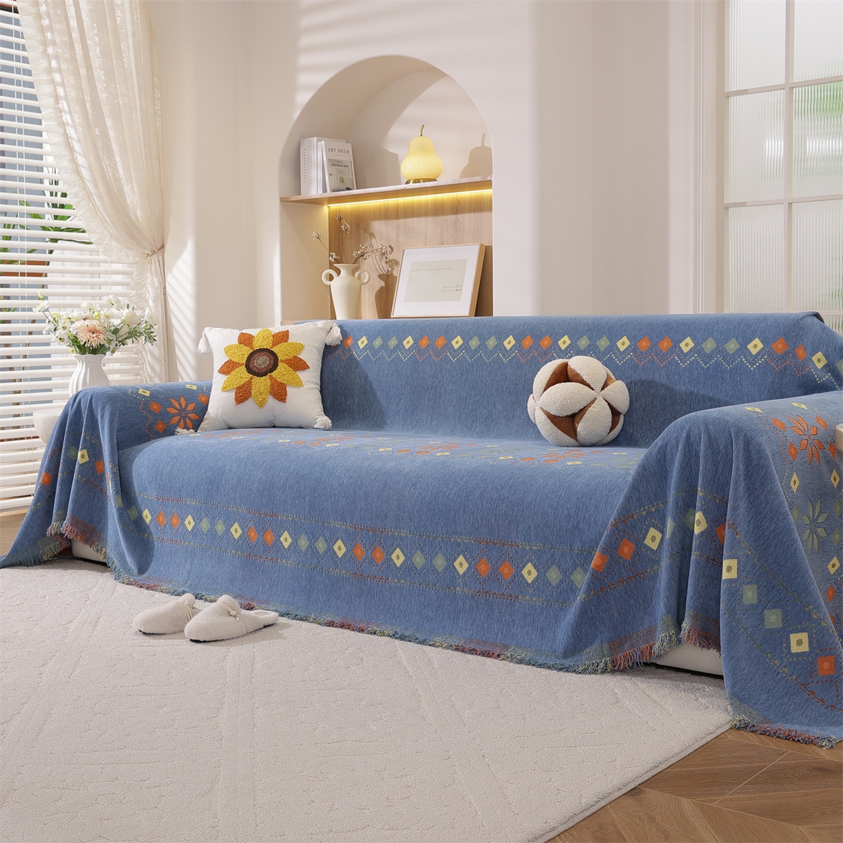 91家纺网 家纺一手货源 找家纺 共鸣沙发垫 2025新款雪尼尔沙发巾波西米亚 波西米亚蓝色