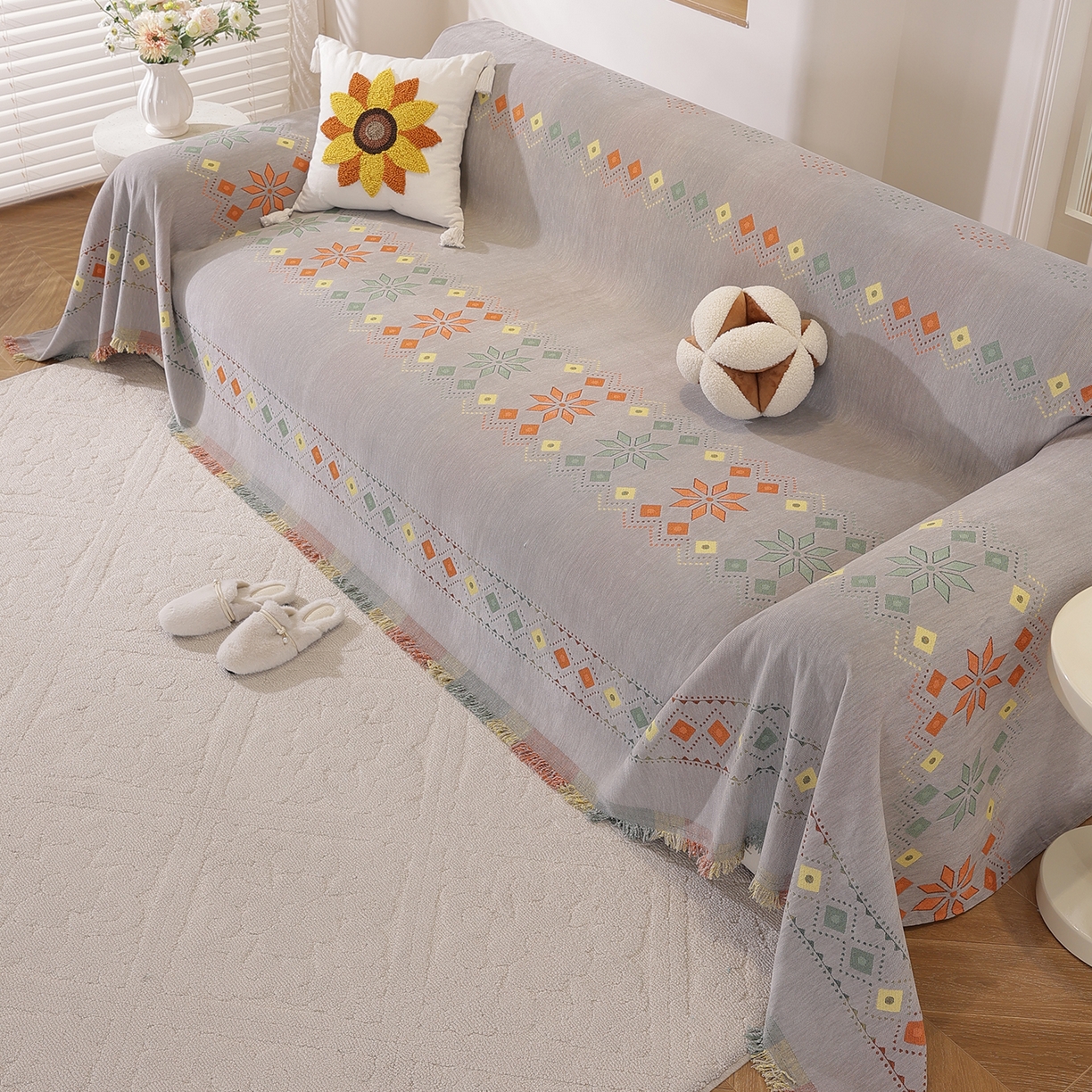 91家纺网 家纺一手货源 找家纺 共鸣沙发垫 2025新款雪尼尔沙发巾波西米亚 波西米亚灰色