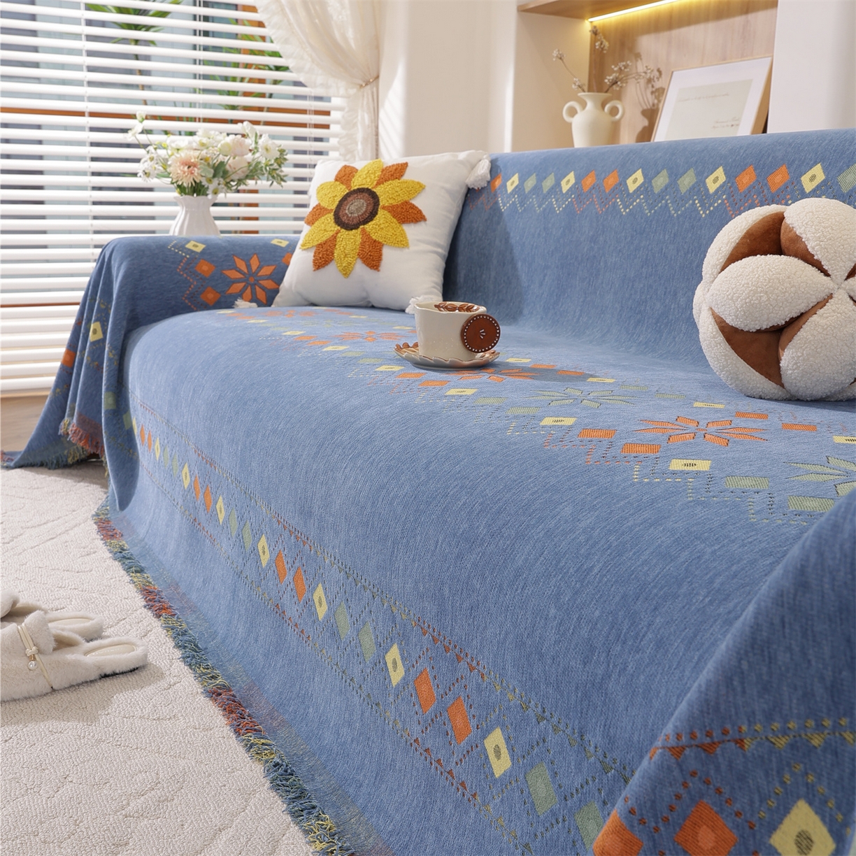 91家纺网 家纺一手货源 找家纺 共鸣沙发垫 2025新款雪尼尔沙发巾波西米亚 波西米亚蓝色