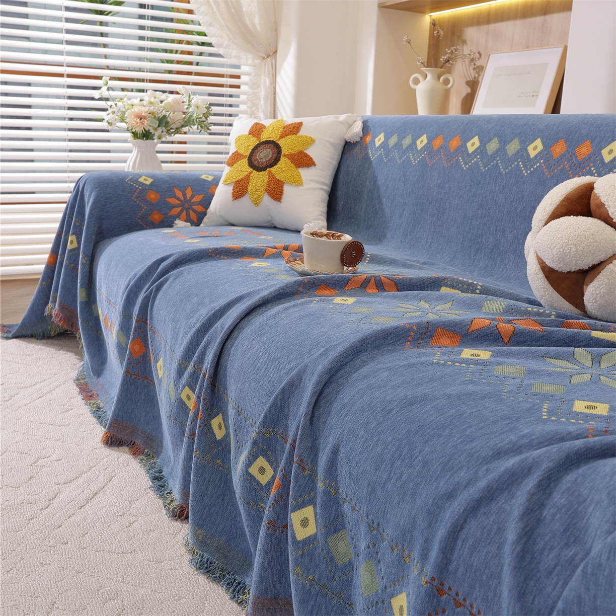 91家纺网 家纺一手货源 找家纺 共鸣沙发垫 2025新款雪尼尔沙发巾波西米亚 波西米亚蓝色