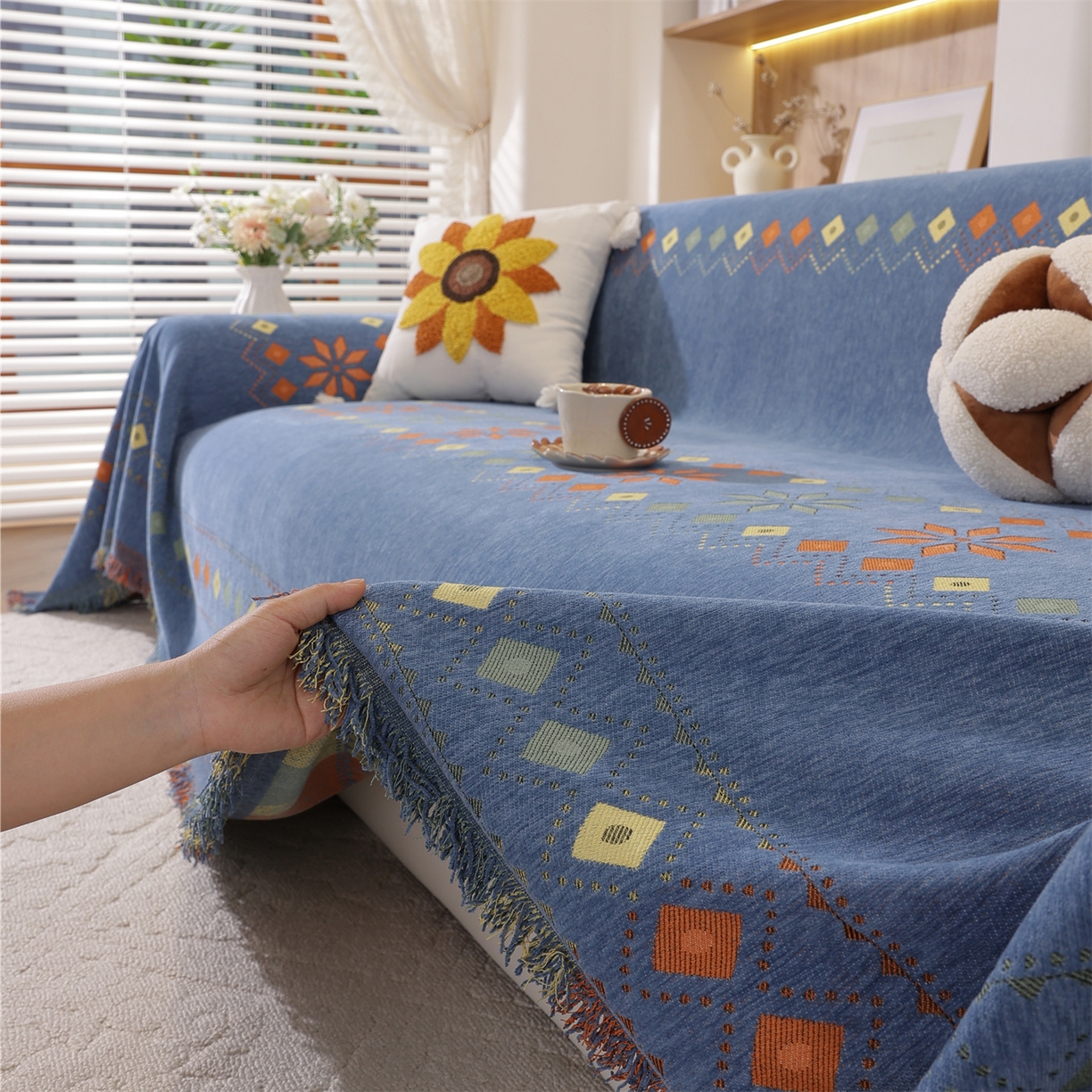 91家纺网 家纺一手货源 找家纺 共鸣沙发垫 2025新款雪尼尔沙发巾波西米亚 波西米亚蓝色