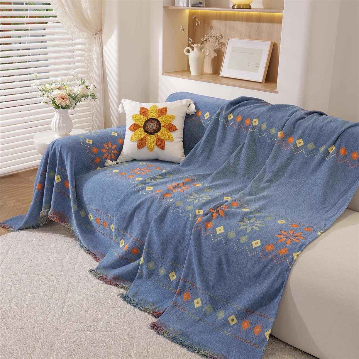 91家纺网 家纺一手货源 找家纺 共鸣沙发垫 2025新款雪尼尔沙发巾波西米亚 波西米亚蓝色