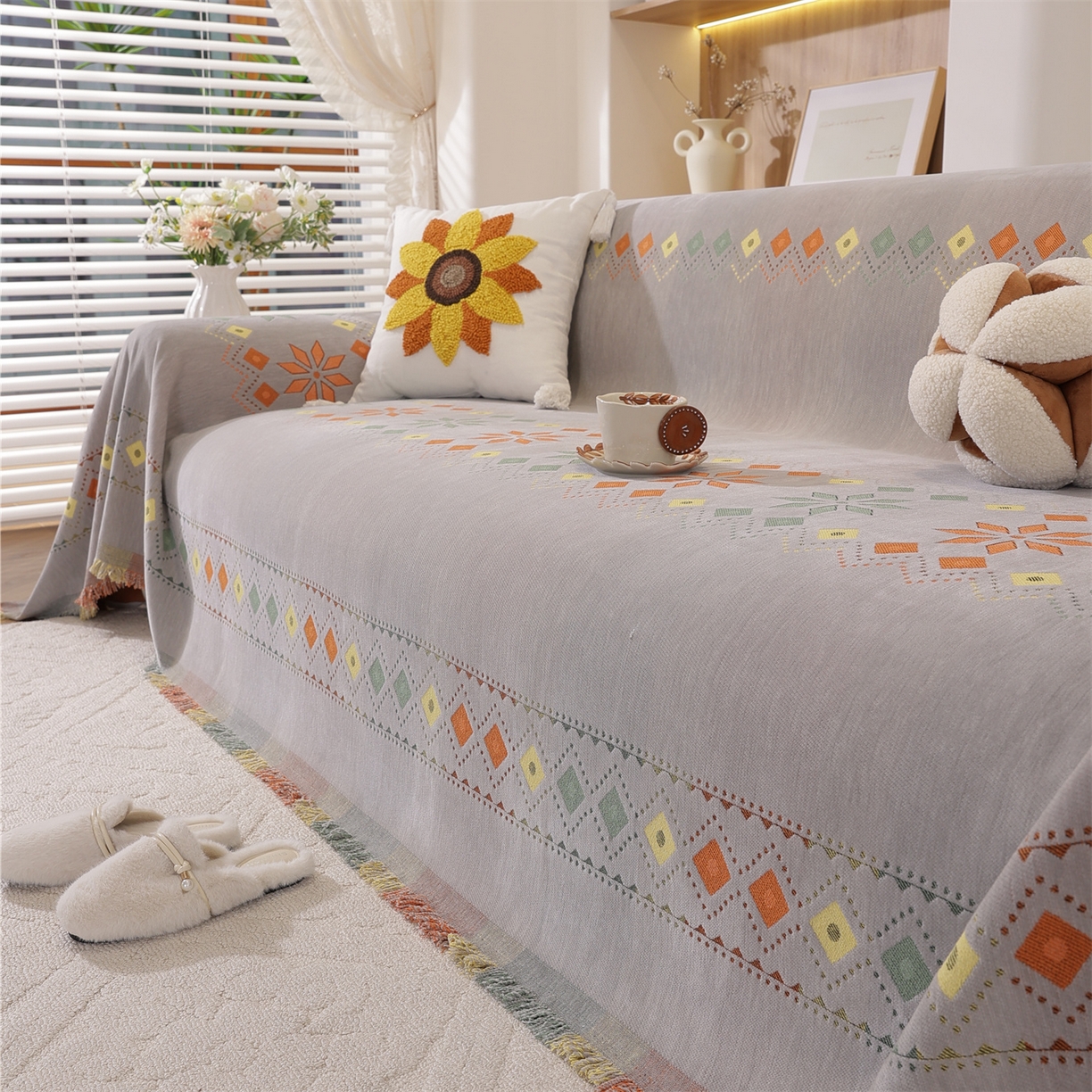 91家纺网 家纺一手货源 找家纺 共鸣沙发垫 2025新款雪尼尔沙发巾波西米亚 波西米亚灰色