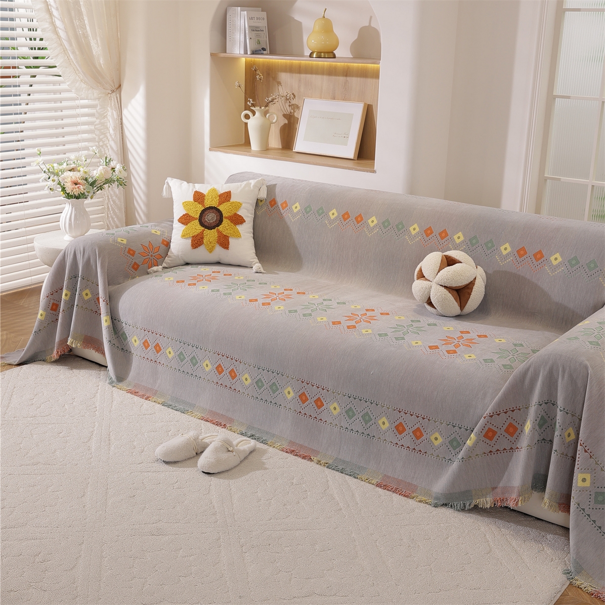 91家纺网 家纺一手货源 找家纺 共鸣沙发垫 2025新款雪尼尔沙发巾波西米亚 波西米亚灰色