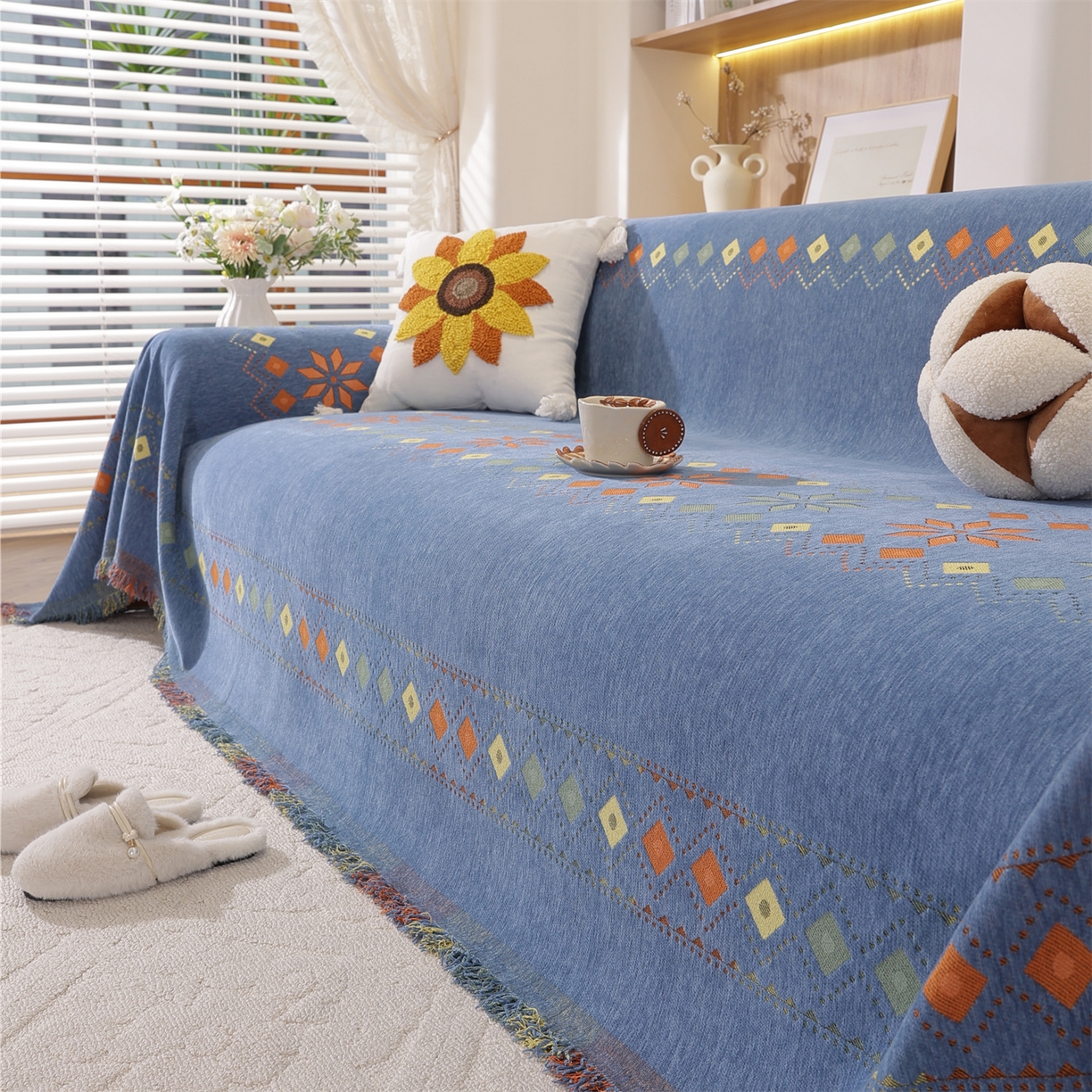 91家纺网 家纺一手货源 找家纺 共鸣沙发垫 2025新款雪尼尔沙发巾波西米亚 波西米亚蓝色
